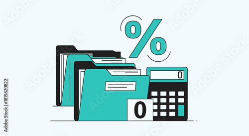 Vector illustration depicting financial management concepts with file folders for documents, a calculator, and a zero percent sign for business and tax accounting