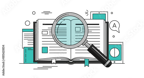 Magnifying glass over an open book, surrounded by digital screens, illustrating modern research, knowledge acquisition, and comprehensive information discovery processes