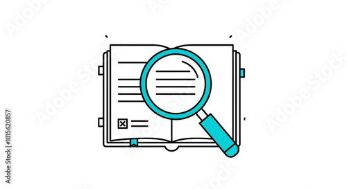 Outline illustration depicting a magnifying glass exploring an open textbook, symbolizing detailed academic research, insightful information discovery, and dedicated educational study