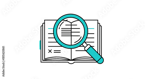 Minimalist line art icon of a magnifying glass over an open book, symbolizing detailed research, study, and information analysis