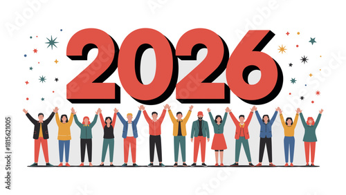 New Year of Unity: A hopeful visual of the year 2026, composed of a diverse group of individuals standing together, raising their hands with linked hands, symbolizing unity, optimism.