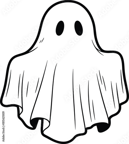 Cute simple white ghost doodle sketch drawing outline cartoon spooky Halloween character costume sheet friendly spirit phantom apparition mysterious icon vector isolated