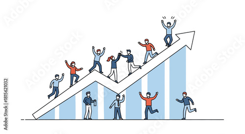 A group of diverse people celebrating success while climbing up a steep upward trending graph representing growth and achievement