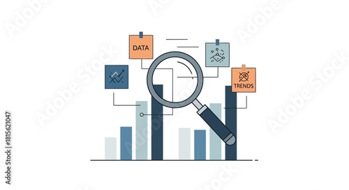 Visualizing data trends with a magnifying glass over bar graphs representing business growth analysis and insights