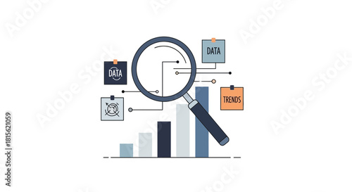 Data Analysis and Trends Visualization with Magnifying Glass Over Bar Chart