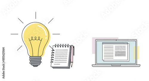 Creative idea generation and digital content production workflow concept, depicted with a glowing lightbulb, notepad, and laptop for modern online productivity