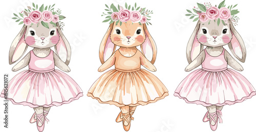 Cute watercolor bunny ballerinas set wearing pink tutu skirts and flower wreaths, adorable vector illustration for baby shower, nursery, and children's designs.