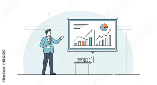 Business presentation with a man explaining charts and graphs on a projector screen