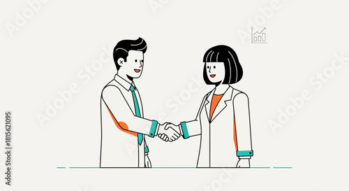Successful business handshake between two professionals, symbolizing agreement and partnership in a modern, minimalist illustration style