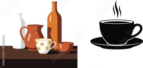 Hot Coffee Cup and Saucer Black Silhouette Vector Icon Illustration Next to Still Life Objects