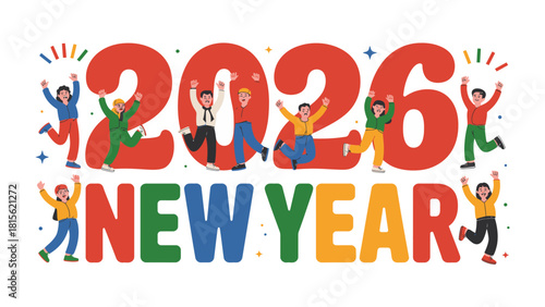 Celebration of New Year 2026: A vibrant and colorful illustration captures the energy and excitement of the upcoming year, with joyful figures embracing the spirit of new beginnings. 