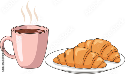 Hot Coffee or Tea Mug and Two Croissants Vector Illustration Classic French Breakfast Scene