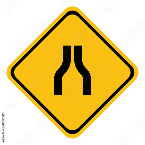 A warning traffic sign indicating that the road ahead narrows on both sides. isolated on a white background.