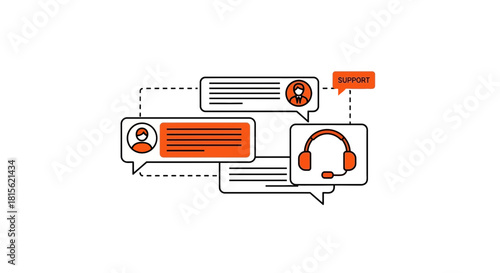 Customer support service concept with online chat bubbles, user profiles, and a headset icon illustrating digital communication and helpdesk assistance for modern businesses