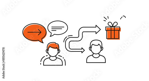 Conceptual line icon illustrating the customer journey from initial communication and feedback to receiving a final product or reward