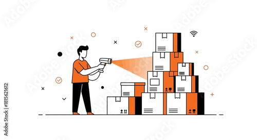 Man scanning boxes with barcode reader, warehouse logistics and inventory management concept