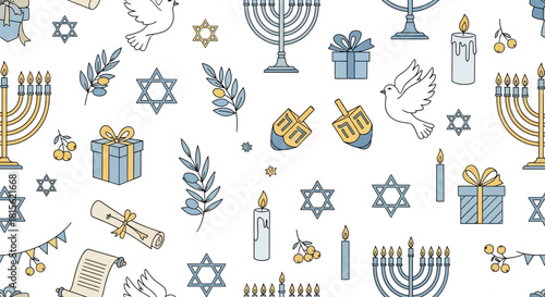 A festive pattern featuring Hanukkah symbols, including menorahs, dreidels, and Stars of David.