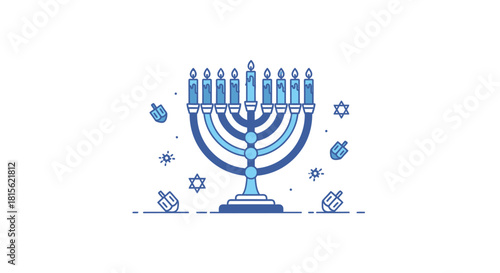 Illustration of a menorah with candles and dreidels on a white background.