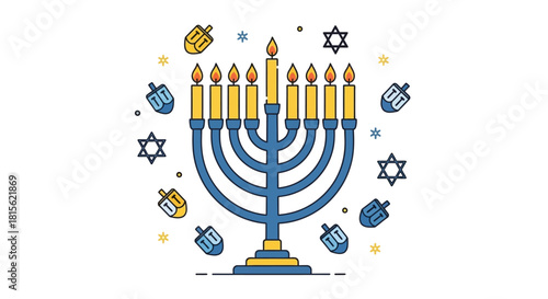 A Hanukkah menorah with nine lit candles, surrounded by dreidels and Stars of David on a white background.