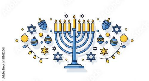 A festive Hanukkah illustration featuring a blue menorah surrounded by dreidels, Star of David ornaments, and string lights.