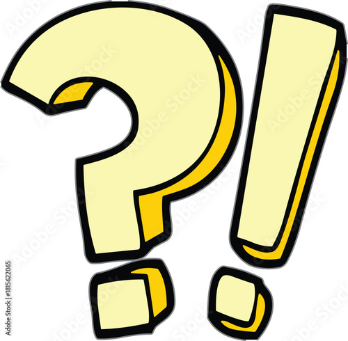 Question mark and exclamation point, bold symbols, yellow fill, cartoon style, punctuation icon, vector graphic, emotion, surprise, art