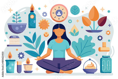 Woman meditating surrounded by wellness, nature, and aromatherapy items
