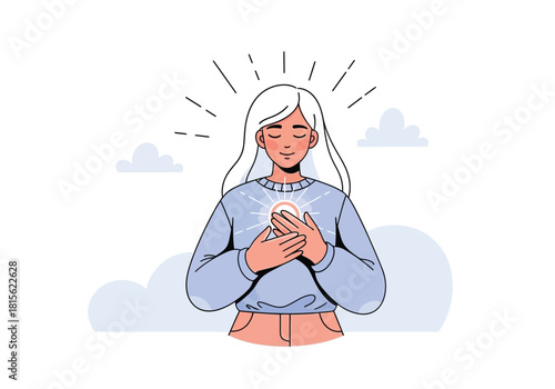 Woman finds inner peace with hands on heart radiating positive energy