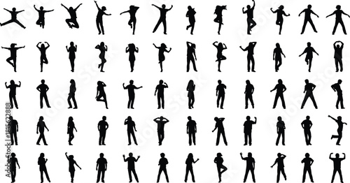 Massive collection of diverse people silhouettes set, men and women jumping, celebrating, and standing in various dynamic and confident poses.