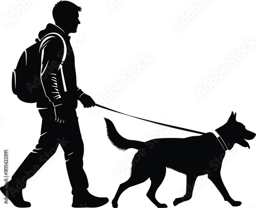 Man with backpack walking large German Shepherd dog on a leash black silhouette vector profile, representing companionship and travel.