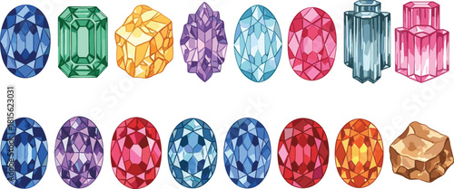Set of colorful gemstones and raw minerals, brilliant cut and polished jewels, vector illustration for luxury, jewelry, magic, and treasure design concepts.