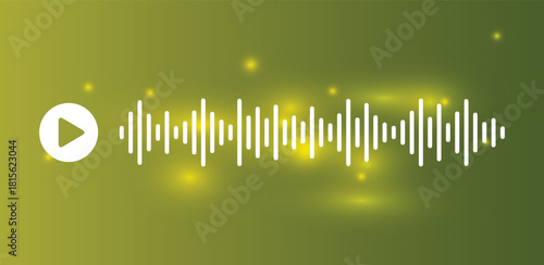 Audio waveform with play button on gradient green background, sound frequency for podcast broadcast