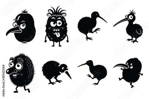 wacky kiwi silhouette icon set on the white background