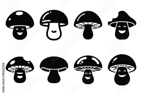 chuckling mushroom silhouette icon set on the white background