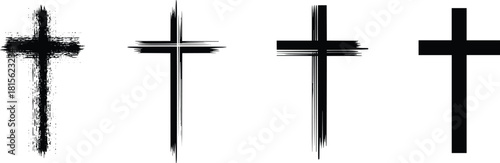 Set of four distressed Christian cross vector icons, featuring grunge, brush stroke, and solid black religious symbols for design.