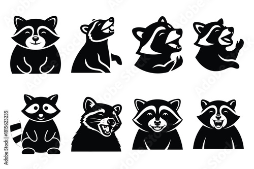 chuckling racoon silhouette icon set on the white background