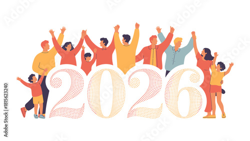2026: A group of diverse people join together, sharing joy and optimism for the upcoming year