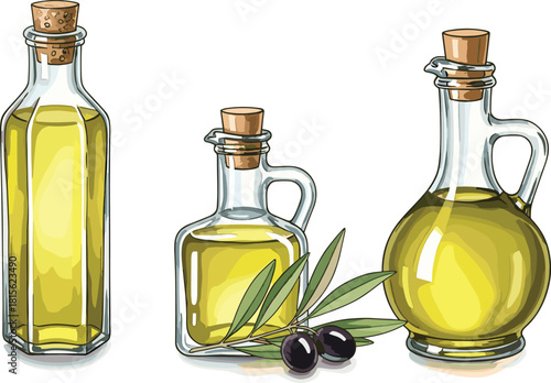 Set of three glass bottles with natural olive oil, cork stoppers, an olive branch, and dark olives, isolated healthy food vector