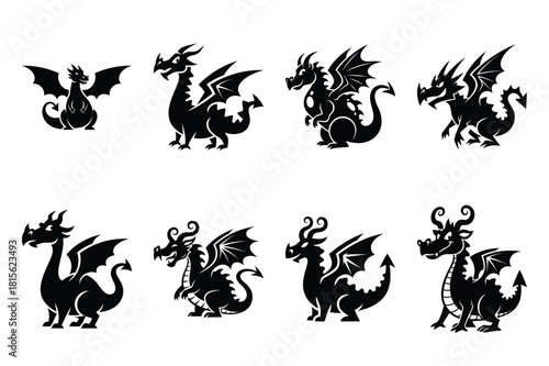 funky dragon silhouette icon set on the white background