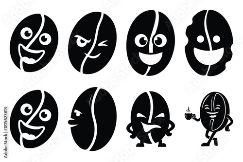 funny coffee bean silhouette icon set on the white background