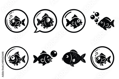 funny fish bubble silhouette icon set on the white background