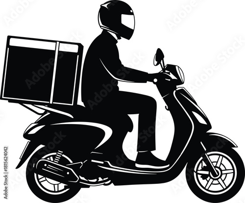 Food delivery courier rider on a scooter or moped silhouette graphic icon for fast shipment service or restaurant takeout