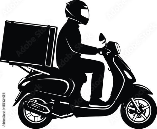 Food Delivery Driver Riding Scooter Silhouette, Courier Motorcycle Transportation Service, Fast Shipping, Black and White Vector Icon