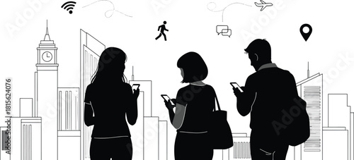 Digital Nomads, Young People, and Tourists in Modern Cityscape Using Smartphone for Internet, Social Media, Travel, and Navigation, Staying Connected Globally.
