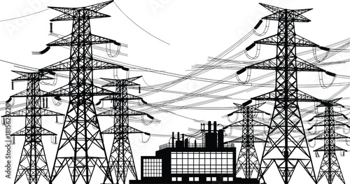 High voltage transmission towers silhouette, electric power plant illustration, industrial energy grid infrastructure, black and white electricity distribution lines vector