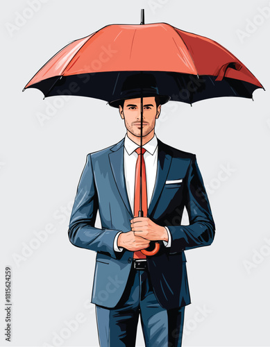 051-23-Man in a suit and bowler hat holding an open red and black umbrella