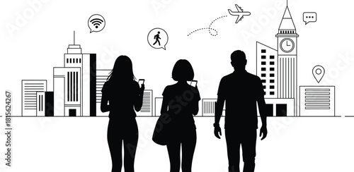 Smart City Technology, Mobile Connectivity and Digital Nomad Lifestyle, Silhouettes of Modern People Using Smartphones, Travel, Navigation, and Global Communication