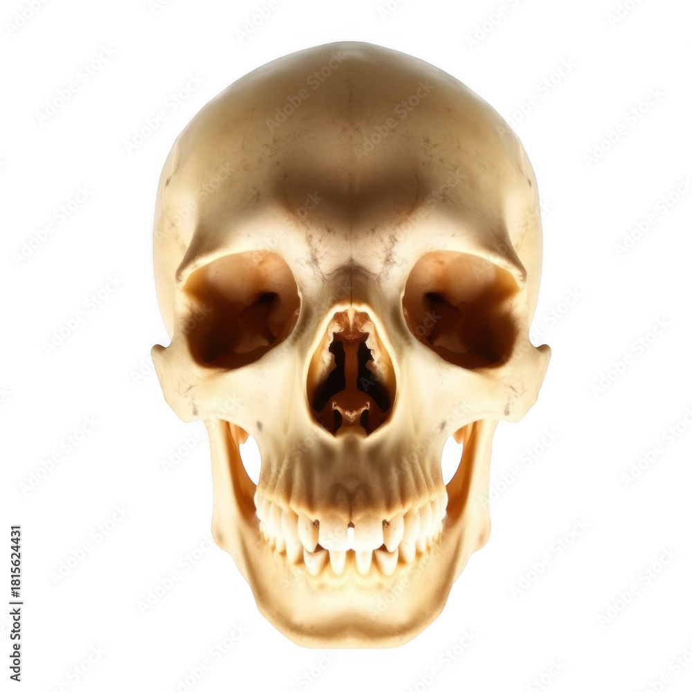 Obraz premium Detailed human skull front view with teeth and eye sockets isolated on white background
