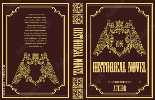 051-24-Old book cover with ornate frame and winged crest artwork for a historical novel