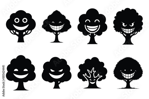grinning tree silhouette icon set on the white background