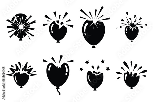happy balloon burst silhouette icon set on the white background